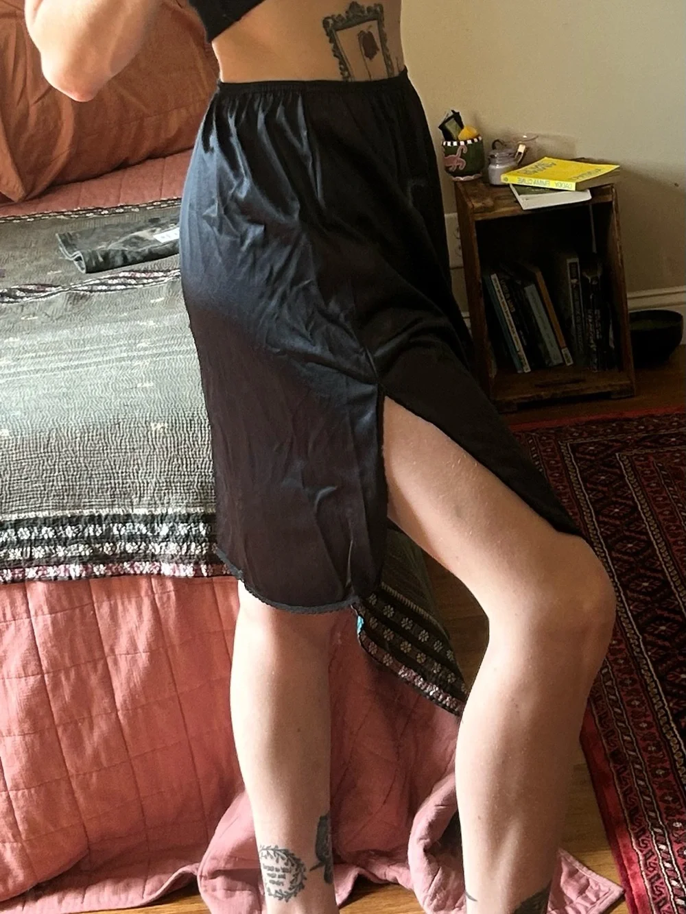 Black Side-Slit Midi Slip Skirt